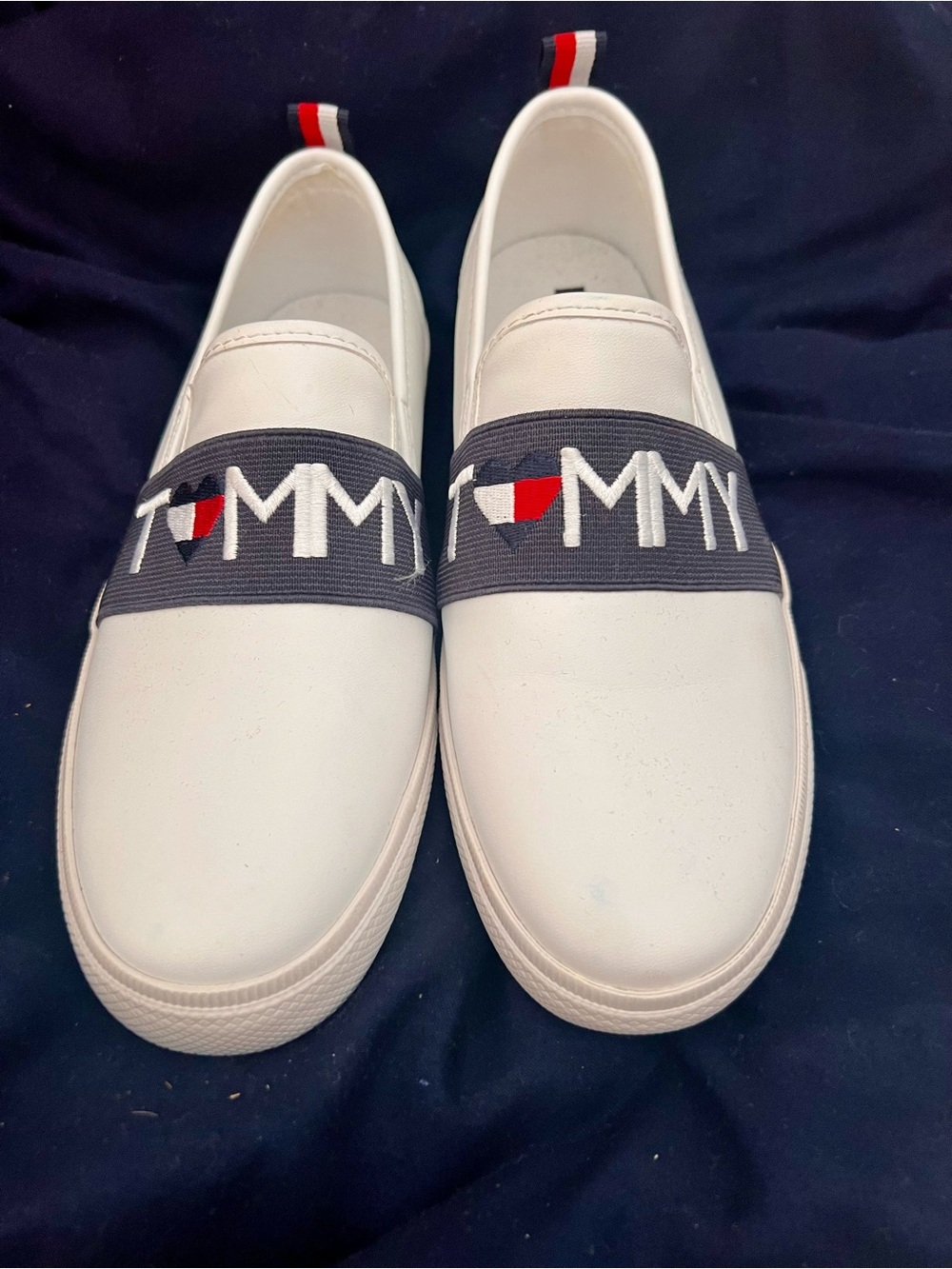 Tommy Hilfiger White Slip-On Sneakers with Navy Logo Strap and Red Accent